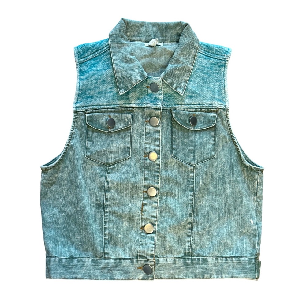 LoveRiche Womens Acid Wash Denim Vest Teal Blue Green Mixed Media Size M